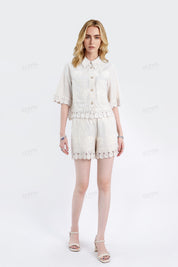 Beige Viscose-Linen Blend Embroidery Elastic Waist Shorts