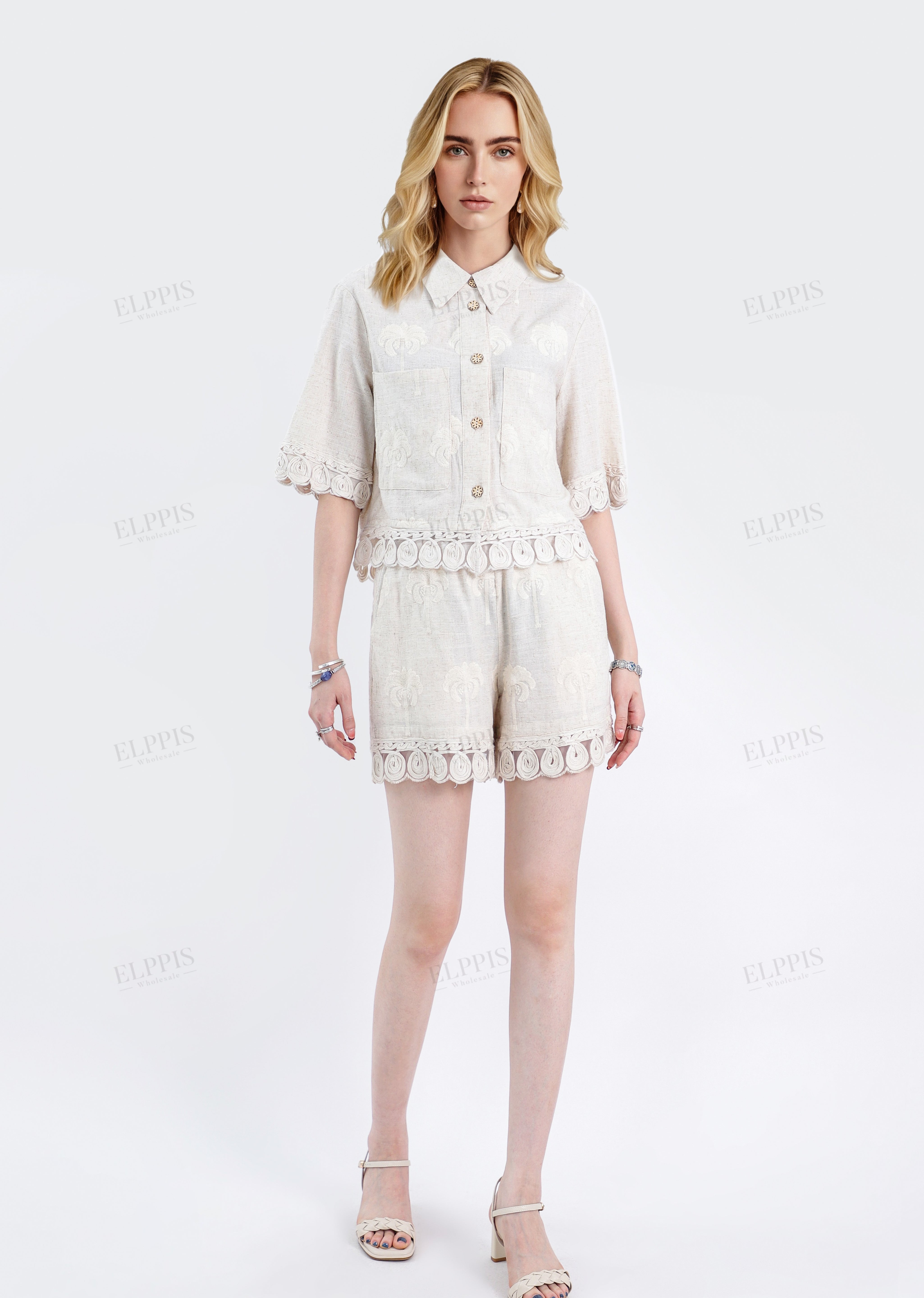 Beige Viscose-Linen Blend Embroidery Elastic Waist Shorts
