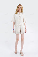 Beige Viscose-Linen Blend Embroidery Elastic Waist Shorts