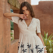 Hand-beaded faux linen printed X-line short sleeve midi dress