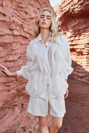 Blush Pink Sheer Organza Shirt with Tiered Ruffle Detail