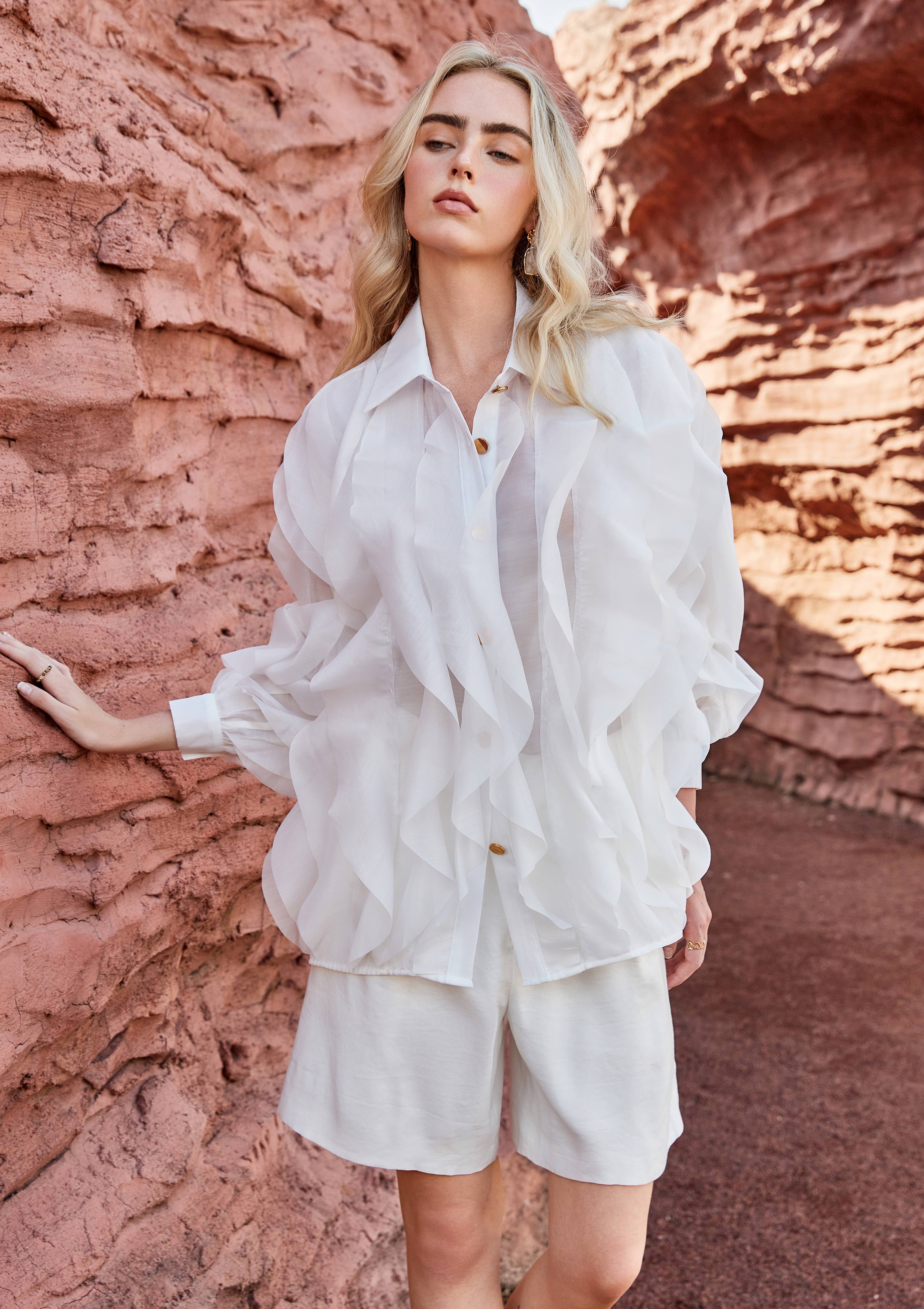 Blush Pink Sheer Organza Shirt with Tiered Ruffle Detail
