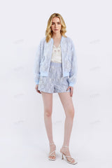 Light Blue Beaded Lace Bomber Jacket
