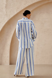 Blue & White Striped Oversized Linen-Blend  Long Sleee Shirt
