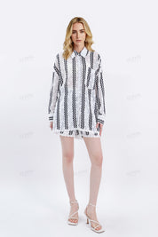 Black Wave Embroidery Lightweight Belted Shorts
