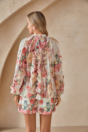 Romantic Floral Print Chiffon Blouse with Ruffled Trim & Mock Neck