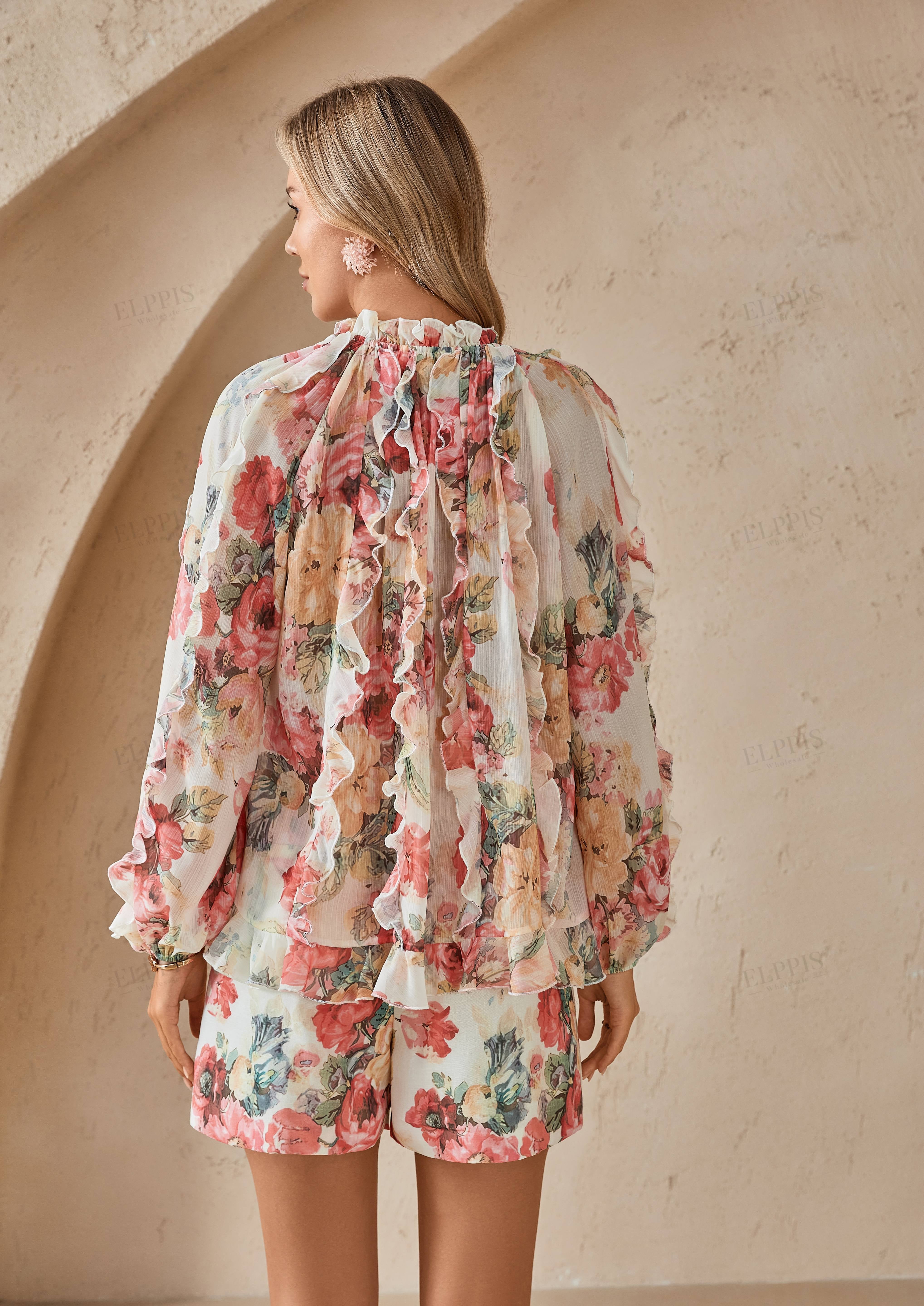 Romantic Floral Print Chiffon Blouse with Ruffled Trim & Mock Neck