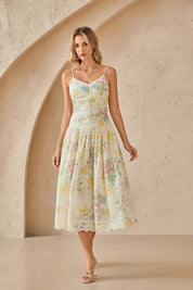 Yellow Eyelet Lace Floral Print Midi Slip Dress