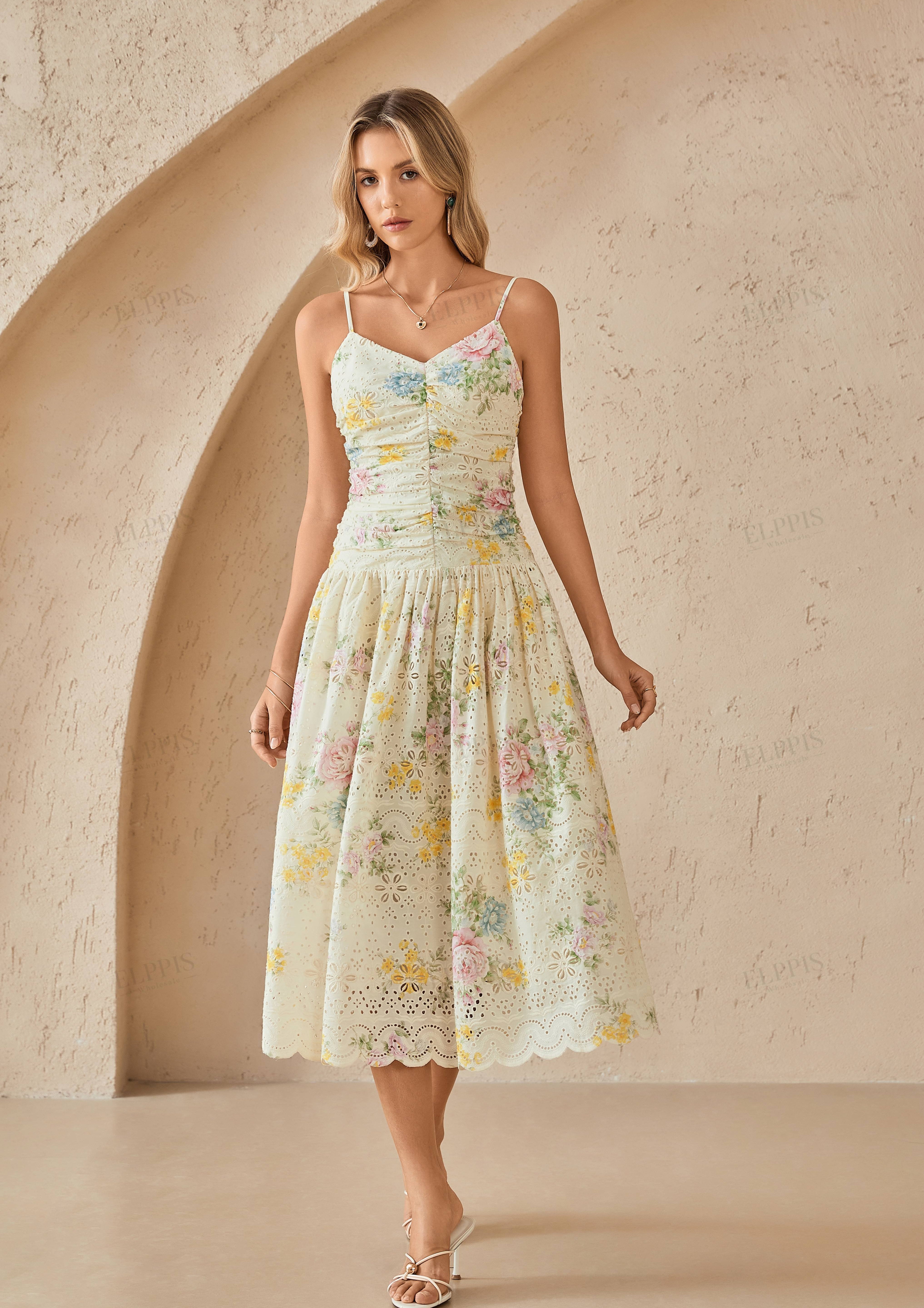 Yellow Eyelet Lace Floral Print Midi Slip Dress
