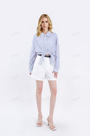 White Linen High-Waisted Shorts with Rolled Hem & Leather Belt