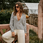 Striped cotton-linen H-line long sleeve top