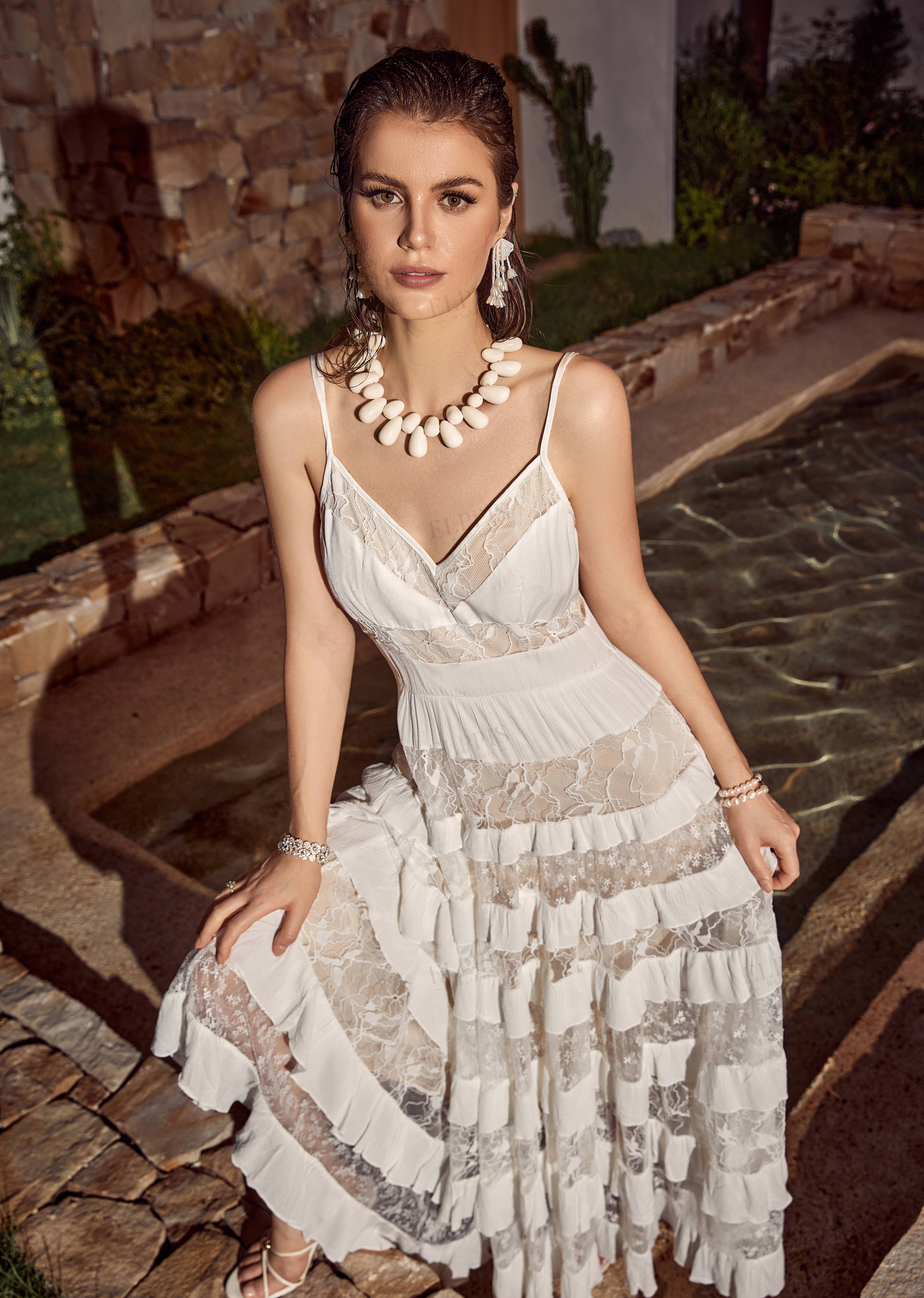 White Sheer Lace Tiered Cami Maxi Dress