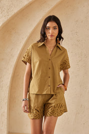Olive Green Woven Shorts with Leaf Cutwork Embroidery