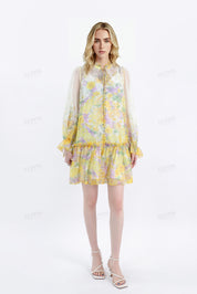 Yellow Floral Print Sheer Long-Sleeve Mini Dress with Tie Waist