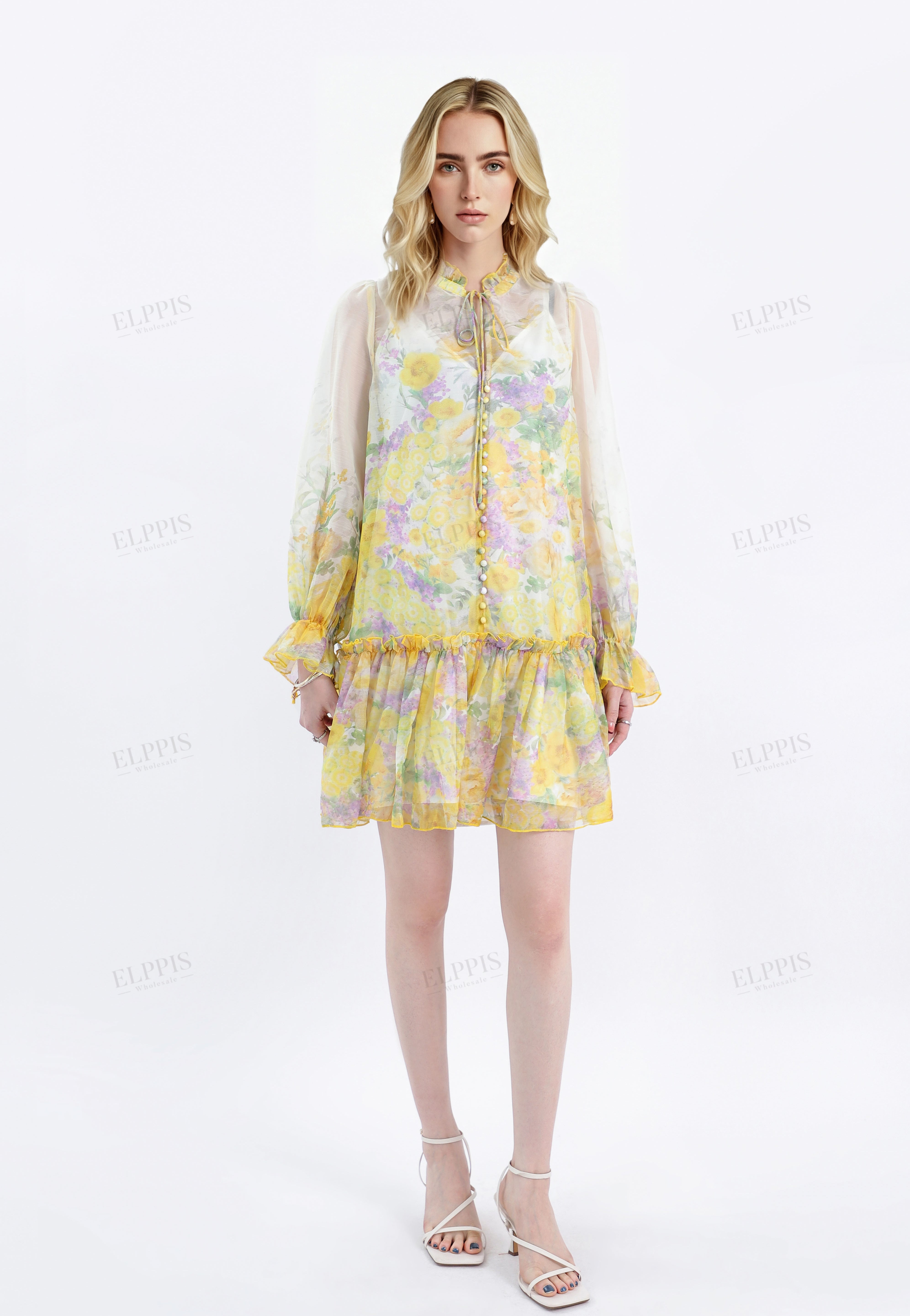 Yellow Floral Print Sheer Long-Sleeve Mini Dress with Tie Waist