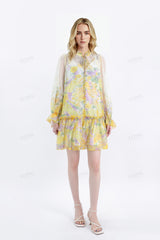 Yellow Floral Print Sheer Long-Sleeve Mini Dress with Tie Waist