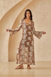 Caramel Mesh Midi Dress with White Floral Embroidery & Bell Sleeves
