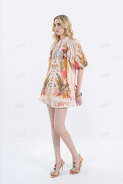 Peach Tropical Print Puff-Sleeve Blouse with Ruffled Collar