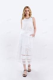 White Sleeveless Linen Top with Palm Tree Eyelet Detail