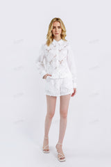 White Floral Cutwork Embroidery Long-Sleeve Shirt