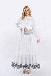 White Maxi Skirt with Black Geometric & Floral Embroidery
