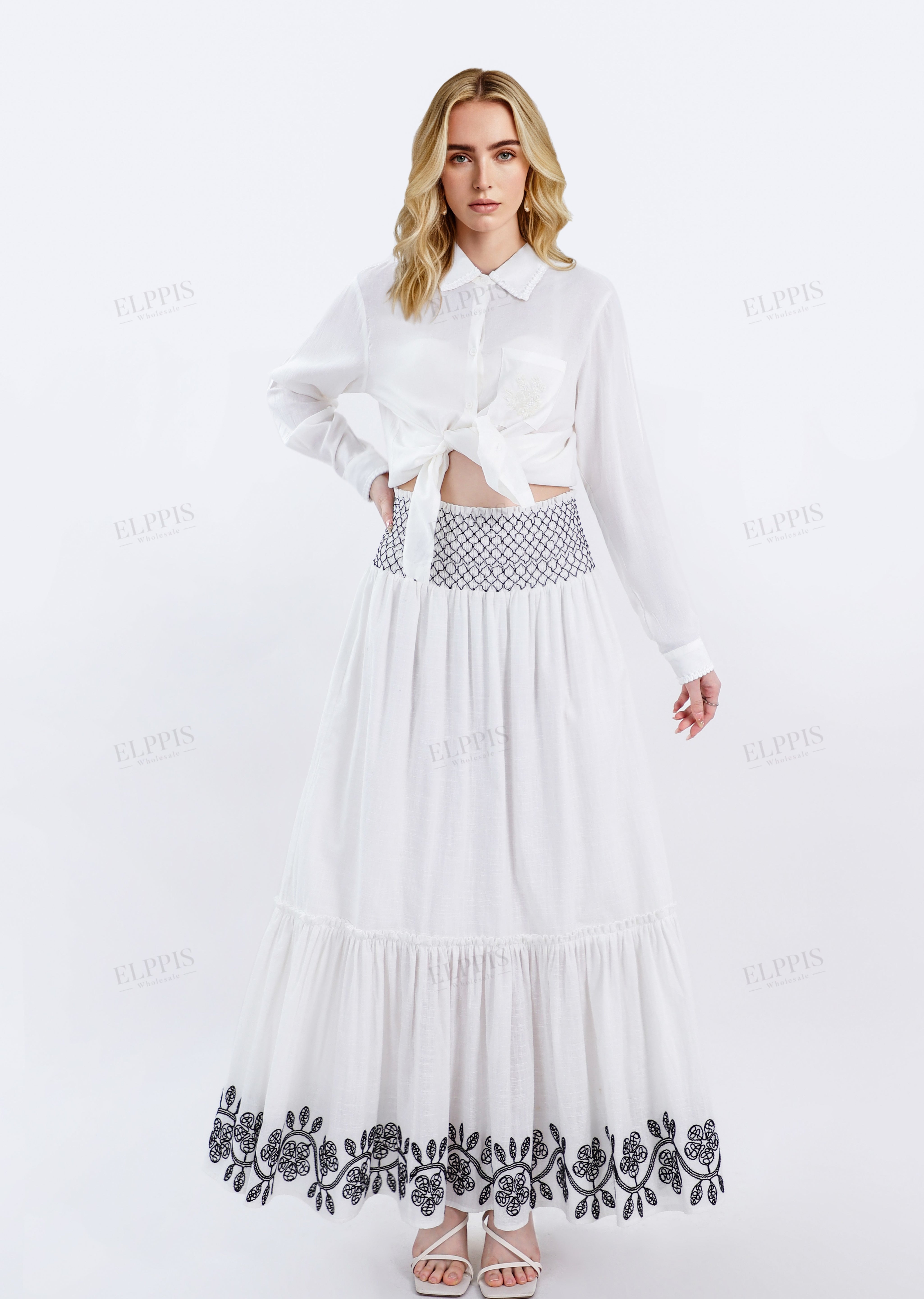 White Maxi Skirt with Black Geometric & Floral Embroidery