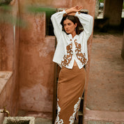 Color-block patchwork embroidered H-line cotton-linen midi skirt
