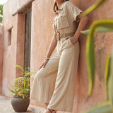Decorative button A-line rayon short sleeve jumpsuit