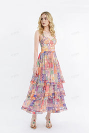 Colorful Patchwork Tiered Cami Maxi Dress