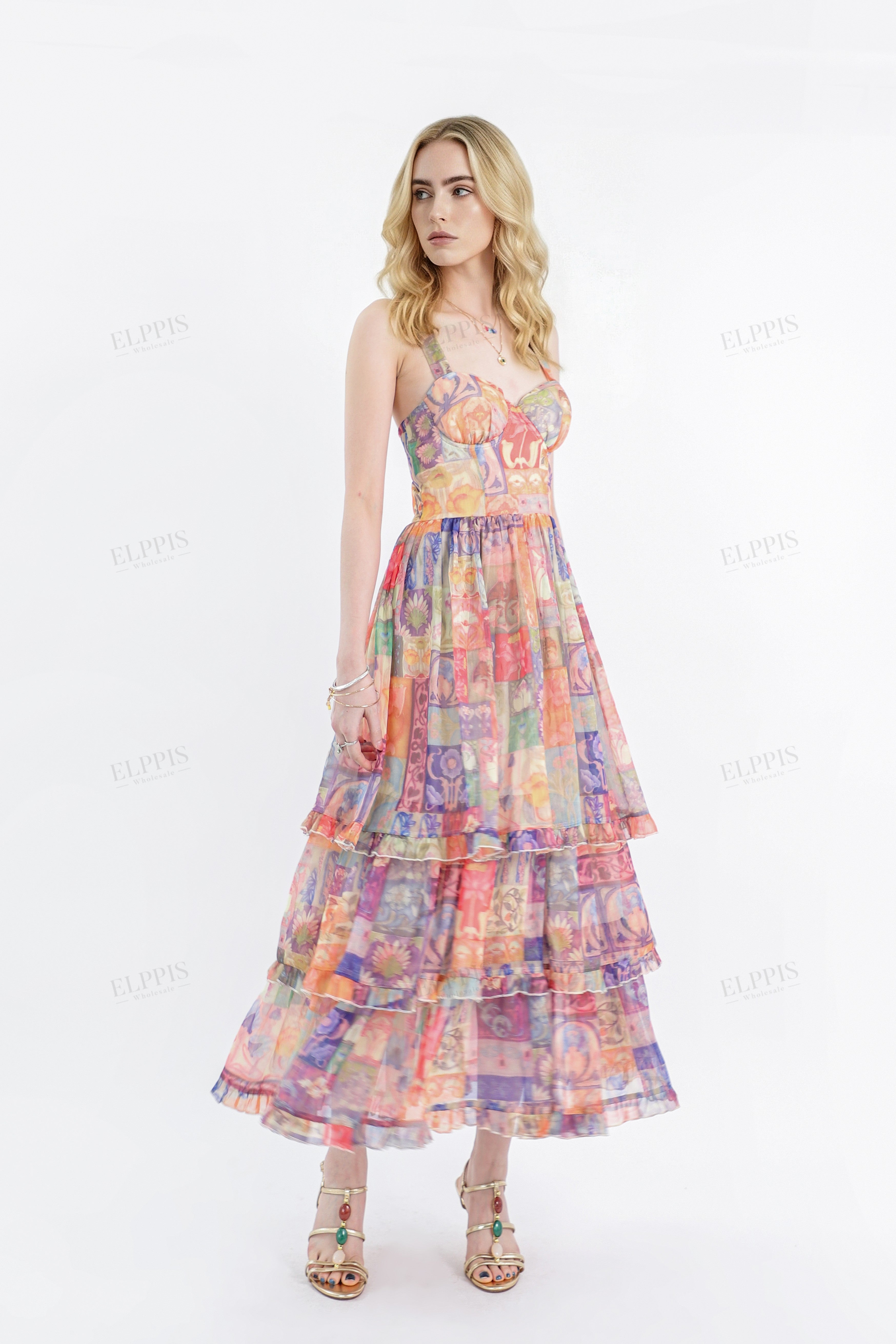Colorful Patchwork Tiered Cami Maxi Dress