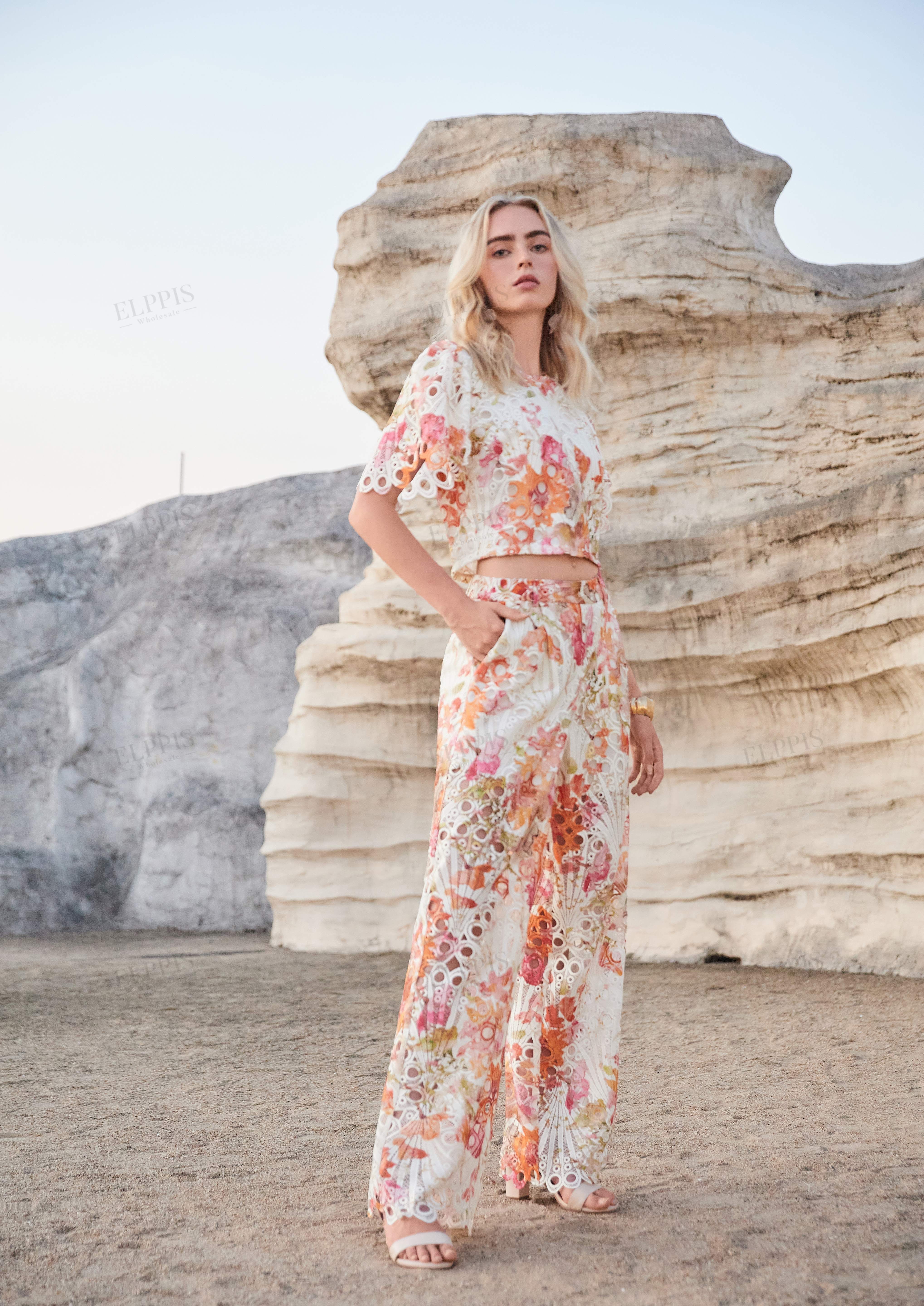 Floral Cutout Lace Wide-Leg Pants