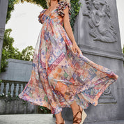 Chiffon printed A-line ruffle sleeve maxi dress