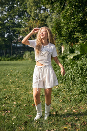 White Crew Neck T-Shirt with Contrast Crochet Palm Leaf Embroidery