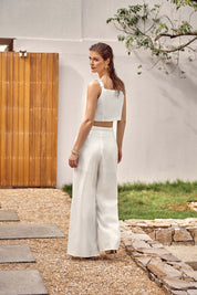 White Linen-Blend Cropped Camisole with Gold Crane Embroidery