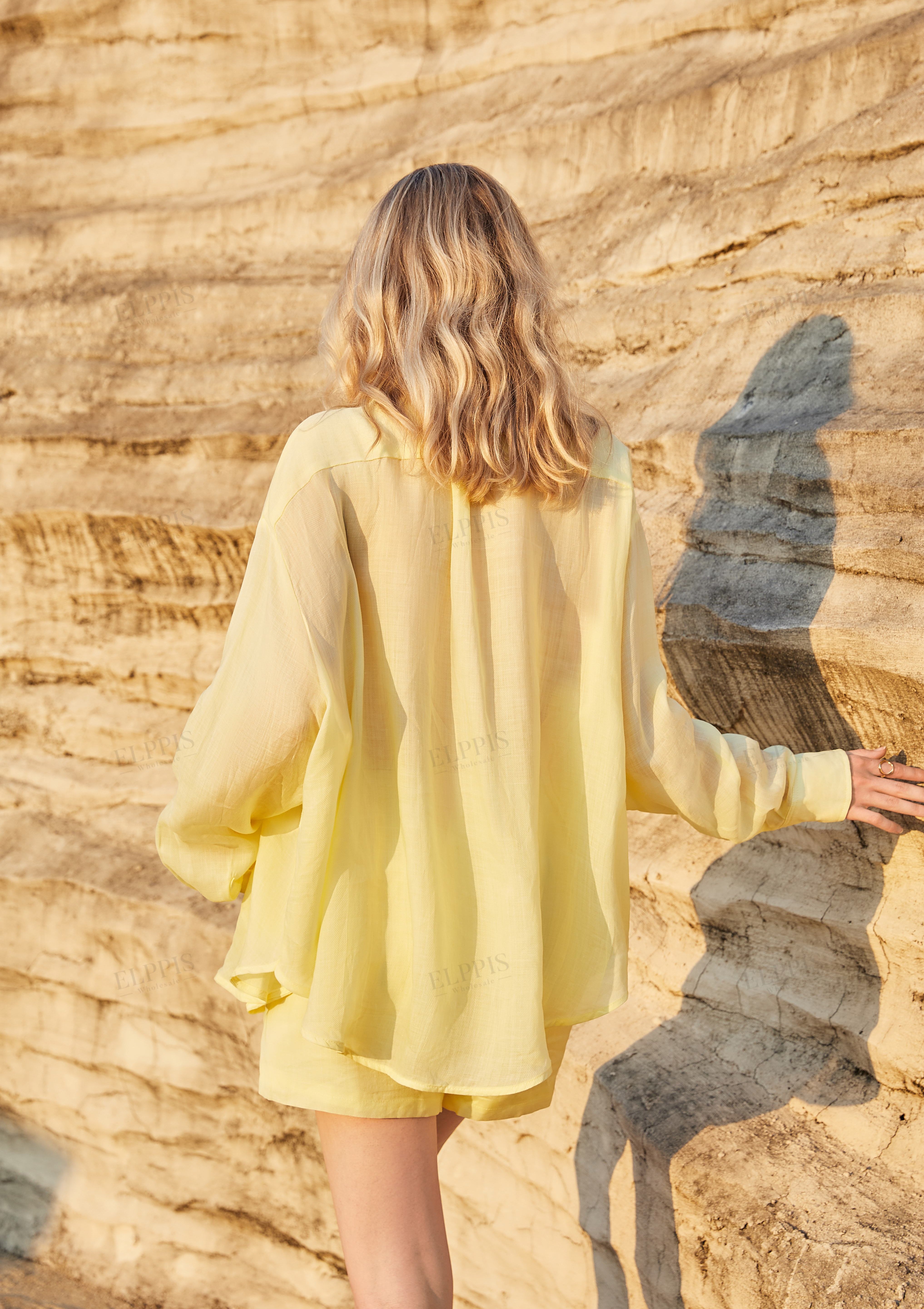 Lemon Yellow Sheer Organza Shirt with Floral Statement Buttons