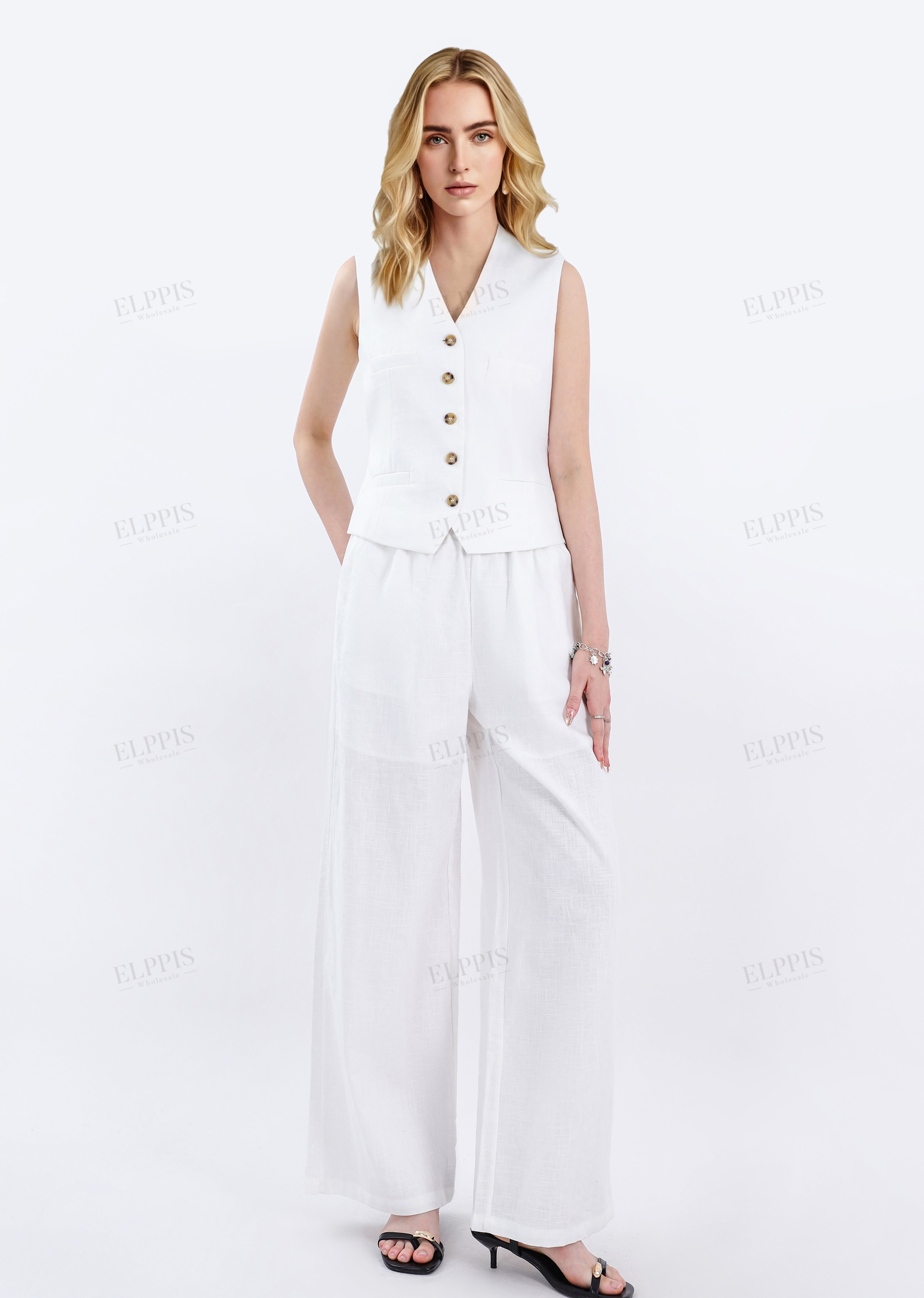 White Cotton-Linen Blend Sleeveless Vest