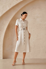 Beige Linen-Blend Shirt Dress with Belt