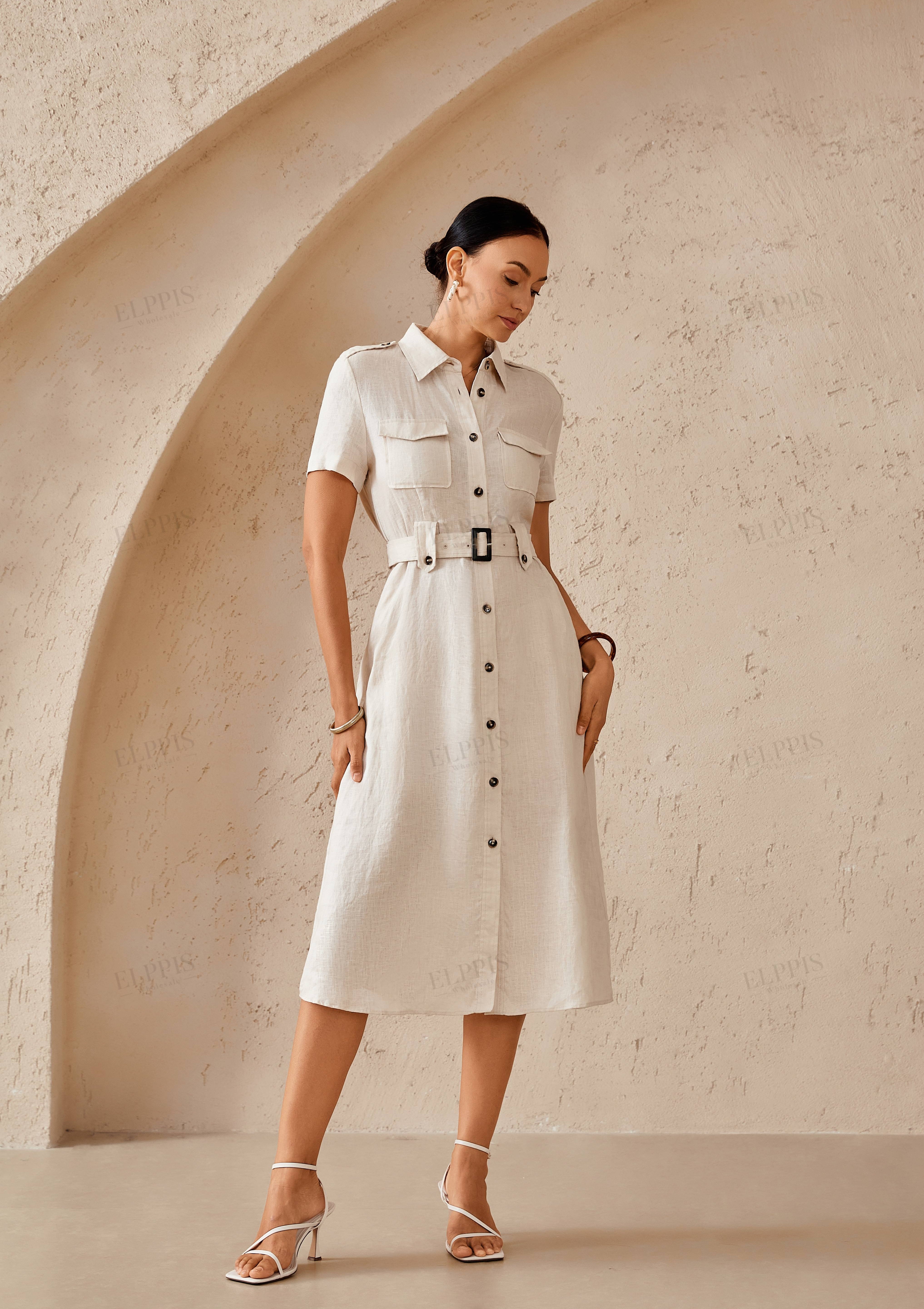 Beige Linen-Blend Shirt Dress with Belt