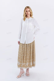 Beige Maxi Skirt with Cutwork Embroidery & Drawstring Waist