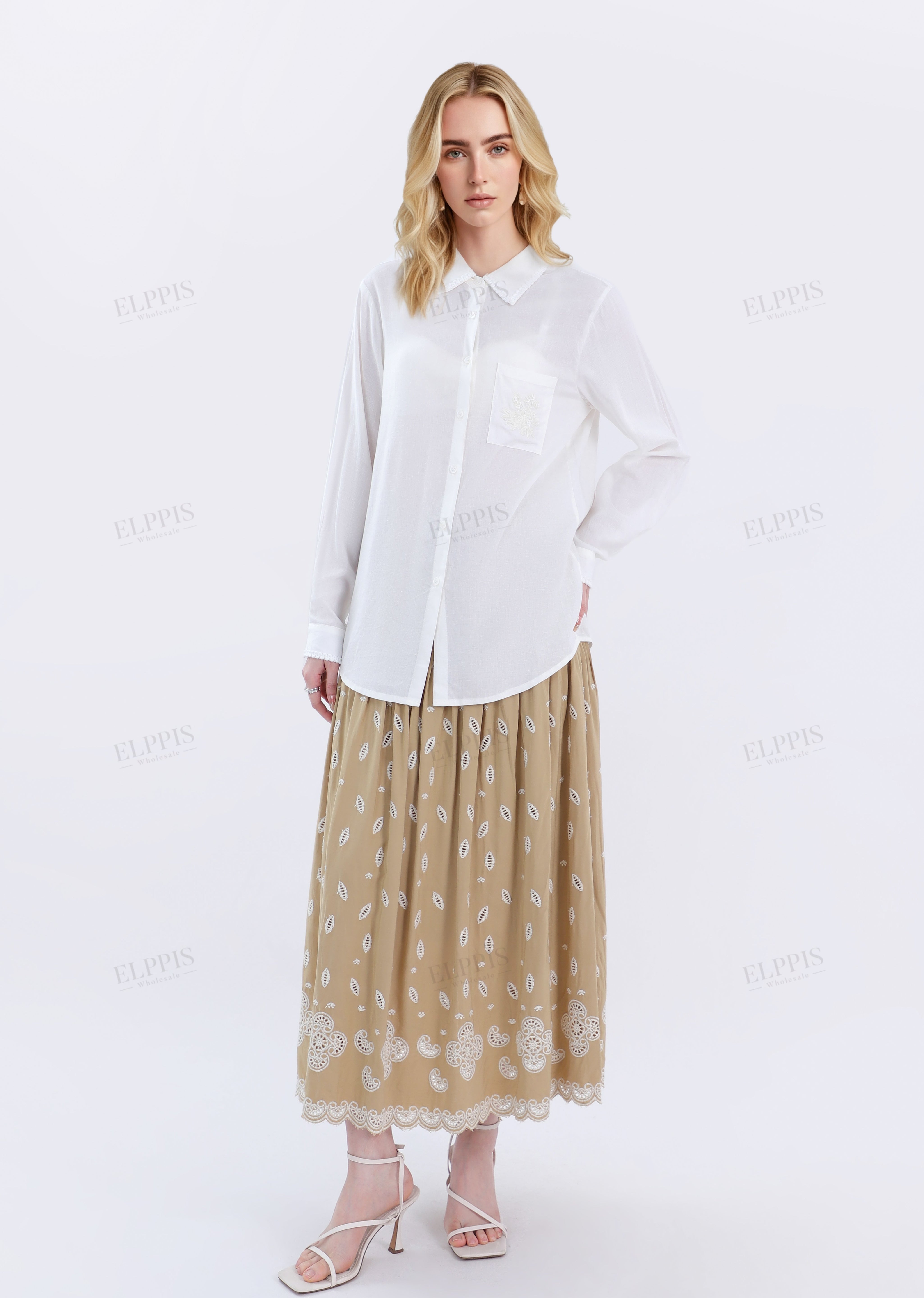 Beige Maxi Skirt with Cutwork Embroidery & Drawstring Waist