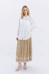 Beige Maxi Skirt with Cutwork Embroidery & Drawstring Waist