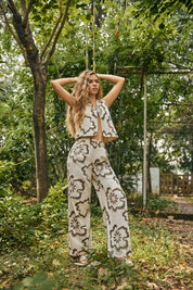 Cream Wide-Leg Pants with Olive Floral Embroidery