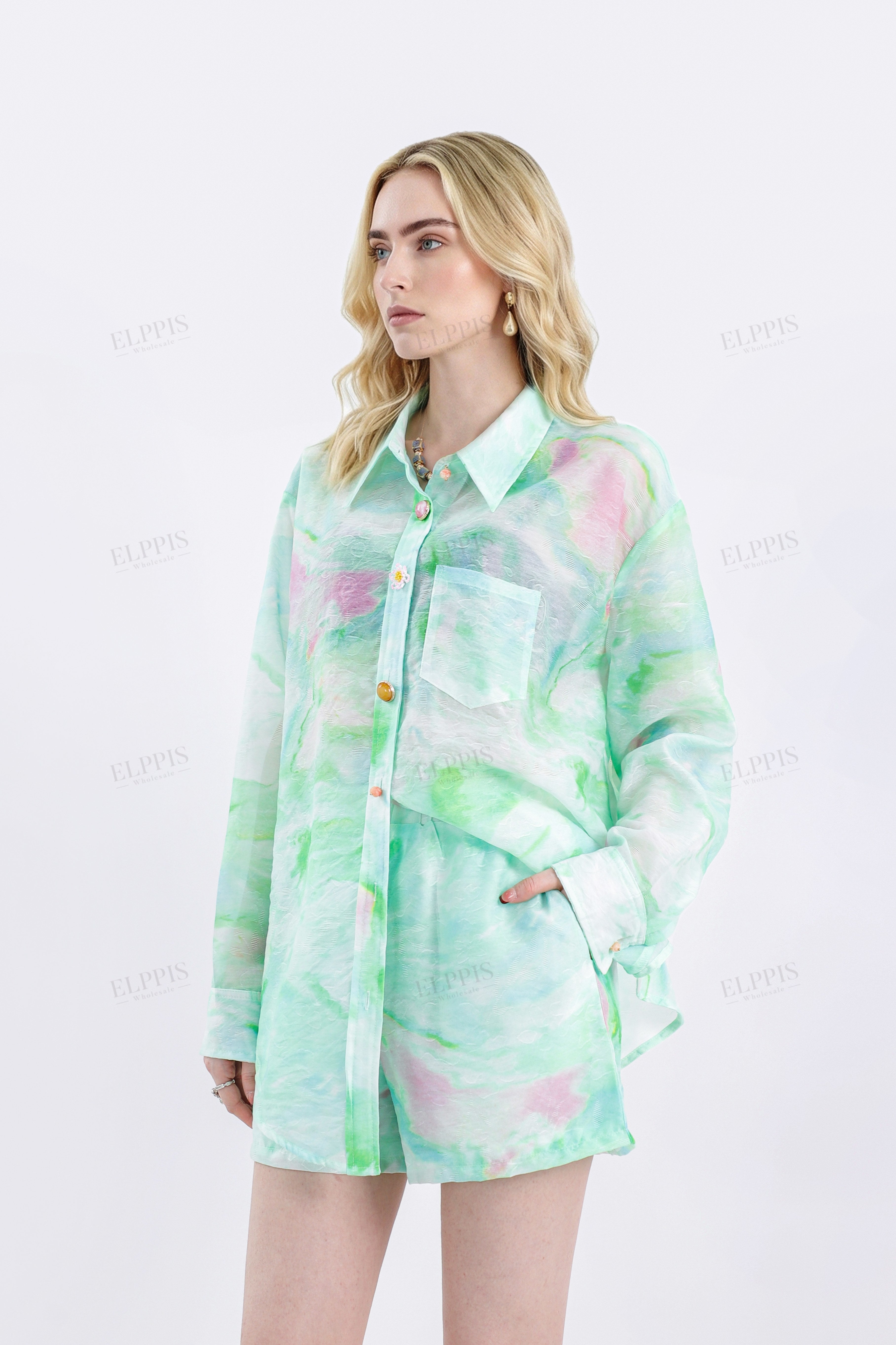 Watercolor Print Lightweight Collared Long Sleeves Blouse