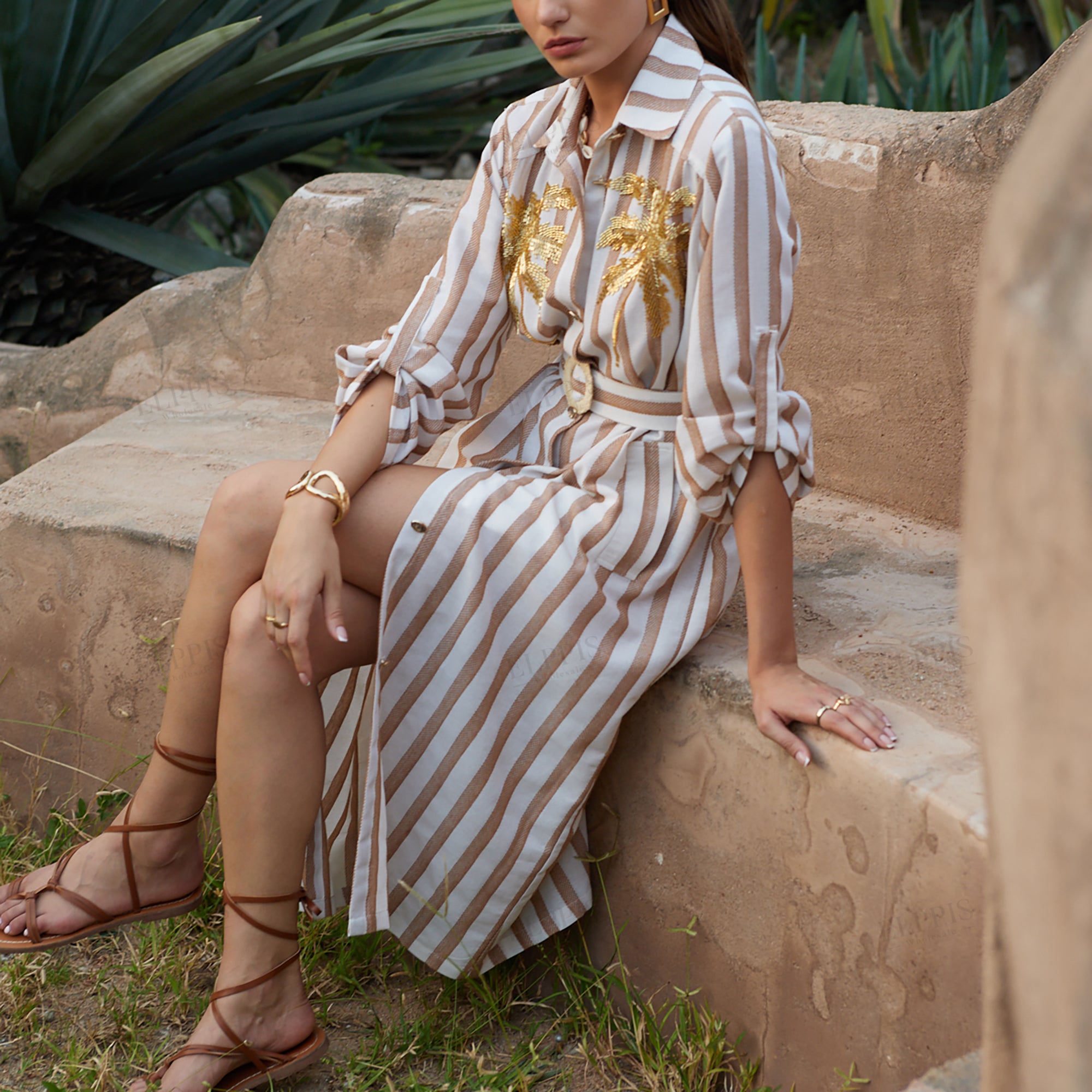 Pipe bead embroidered H-line striped long sleeve dress