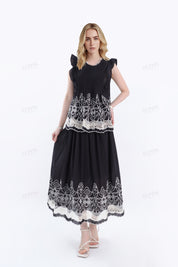 Black Maxi Skirt with White Lace & Patterned Hem Detail