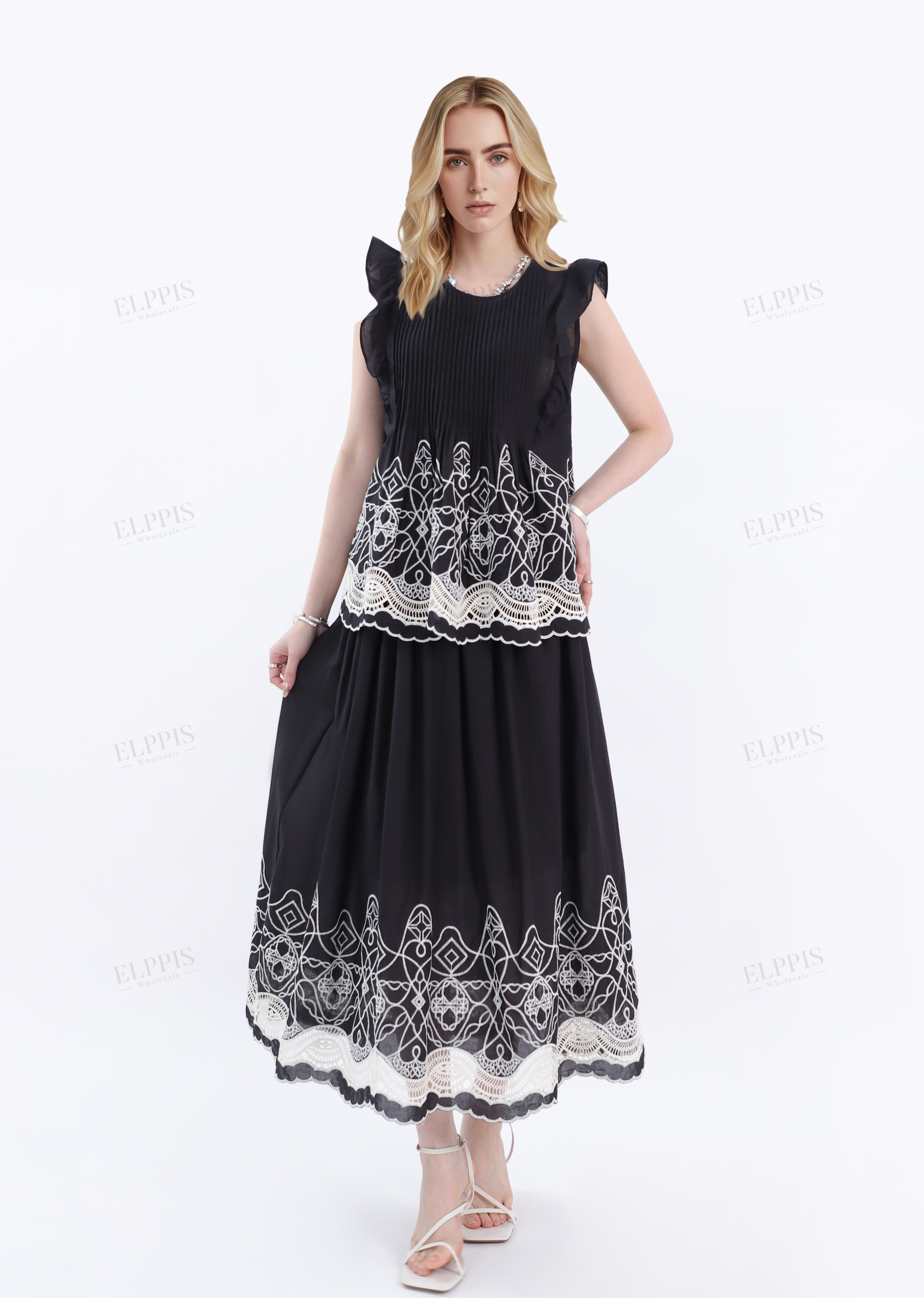 Black Maxi Skirt with White Lace & Patterned Hem Detail