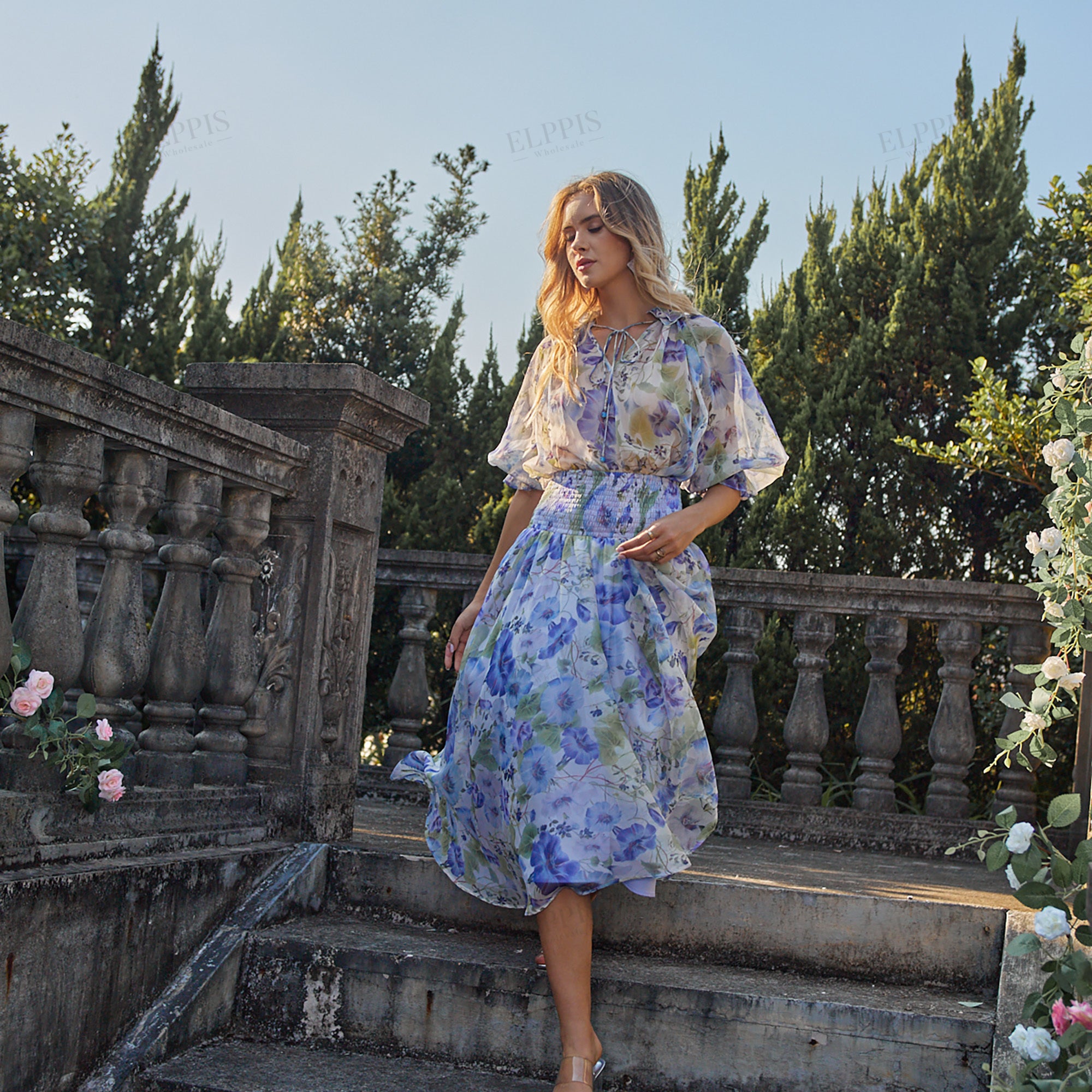 Chiffon base floral printed gathered A-line midi skirt