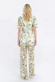 White & Yellow Floral Lace Wide-Leg Pants