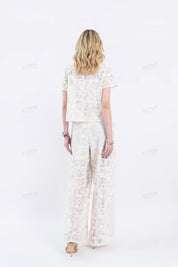 Cream Lace Short-Sleeve Collared Blouse