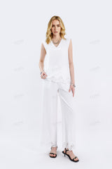 White Sleeveless Blouse with Floral Embroidery & Lace Hem